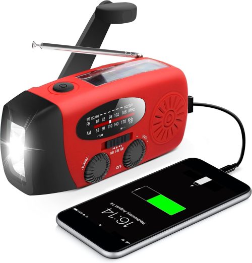 Emergency Hand Crank Radio with LED Flashlight Portable Solar Power Bank Phone Charger, USB Charged & Solar Power for Camping, Outdoor
