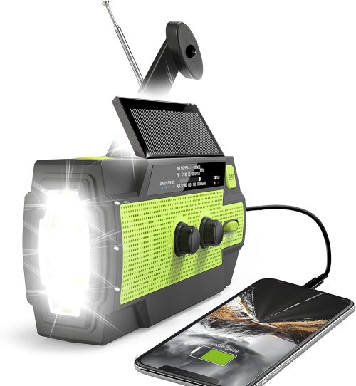 Emergency Solar Power Bank Crank Weather Radio, 4000mAh Portable AM/FM/NOAA, Flashlight Reading Lamp, Cell Phone Charger Waterproof Hiking Outdoor